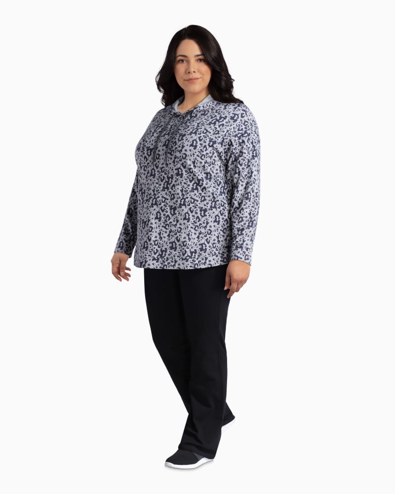 Plus size model with rectangle body shape wearing Rosa Animal Print Hoodie by Marc NY | Dia&Co | dia_product_style_image_id:112688
